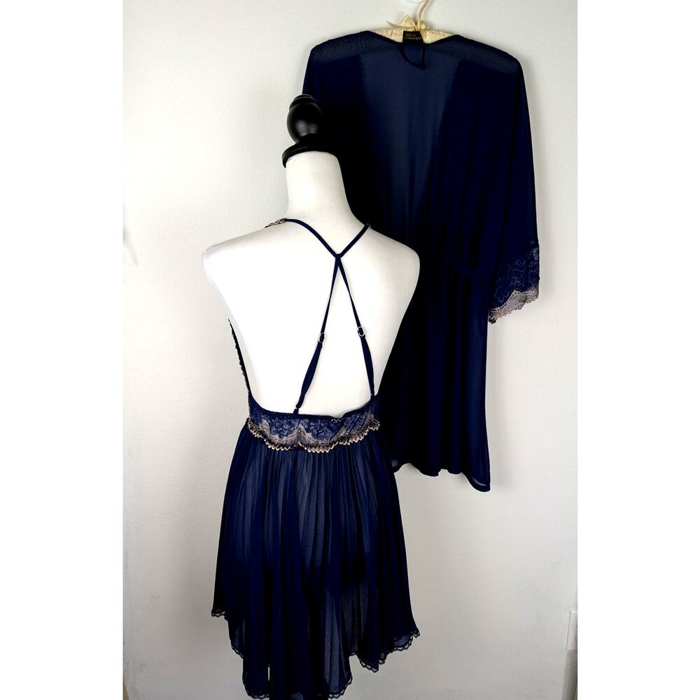 Vintage Cinema Etoile Seductivewear navy Mesh Lingerie Nightgown  Robe Set Sz L